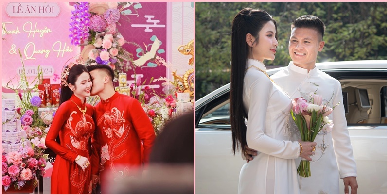 Trong ngày trọng đại, Chu Thanh Huyền xuất hiện trong tà áo dài đỏ thướt tha, duyên dáng cùng nụ cười tươi. Đây là bộ áo dài được thiết kế riêng cho cặp đôi, với điểm nhấn là hoạ tiết rồng phượng và hoa sen thanh lịch.