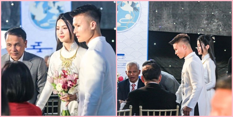 Sau khi đứng trên sân khấu ra mắt họ hàng hai bên, Quang Hải và Chu Thanh Huyền đi xuống để chào hỏi họ hàng. Cả hai rót nước mời họ hàng